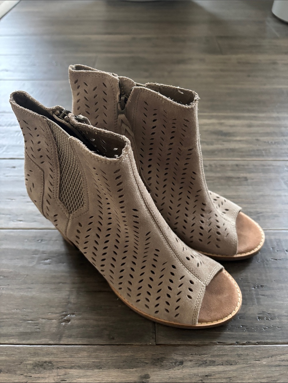 Toms Taupe Suede Peep-Toe Cutout Ankle Boots